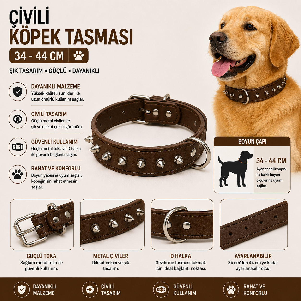 Dog Life Çivili Köpek Boyun Tasması 34-44 cm Ayarlanabilir Metal Tokalı - Kahverengi
