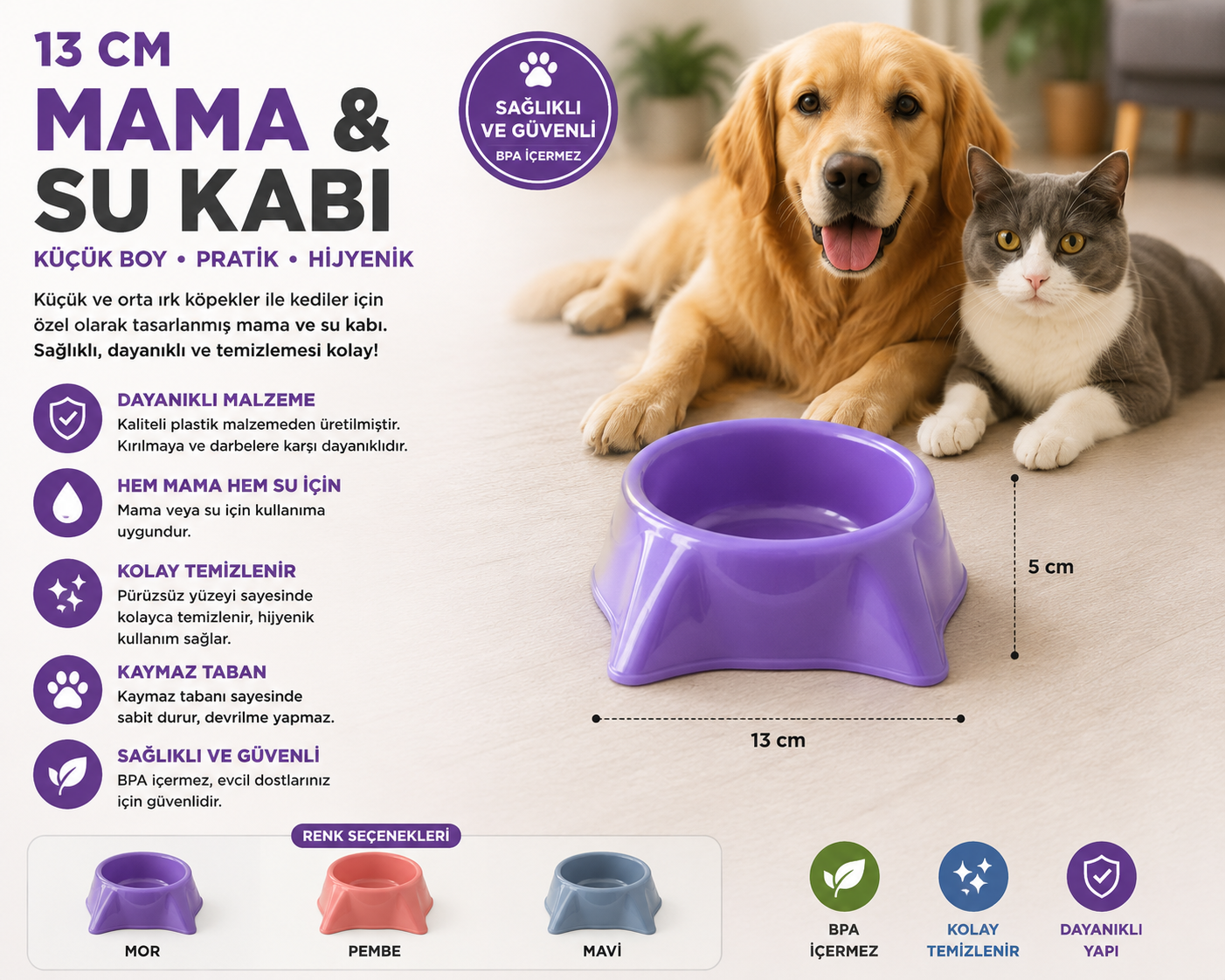 Kedi Köpek Mama ve Su Kabı 13 cm Küçük Boy Kaymaz Tabanlı - Mor