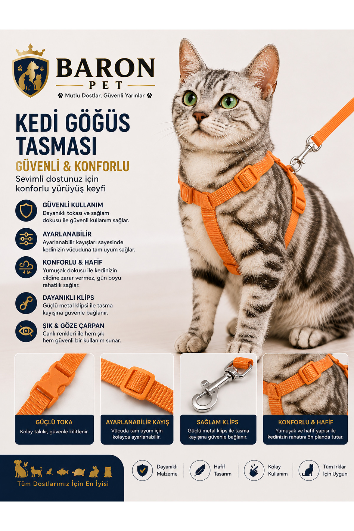 Kedi Göğüs Tasması ve Gezdirme Kayışı Seti Turuncu Düz Turuncu Tokalı Ayarlanabilir