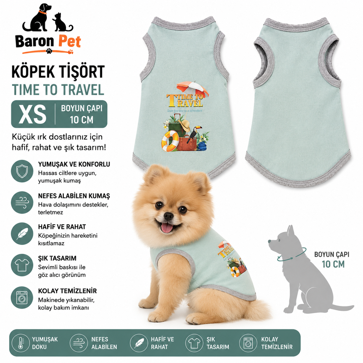 Köpek Tişörtü XS Beden Boyun Çapı 20 cm Nefes Alabilen Baskılı - Mint Yeşili
