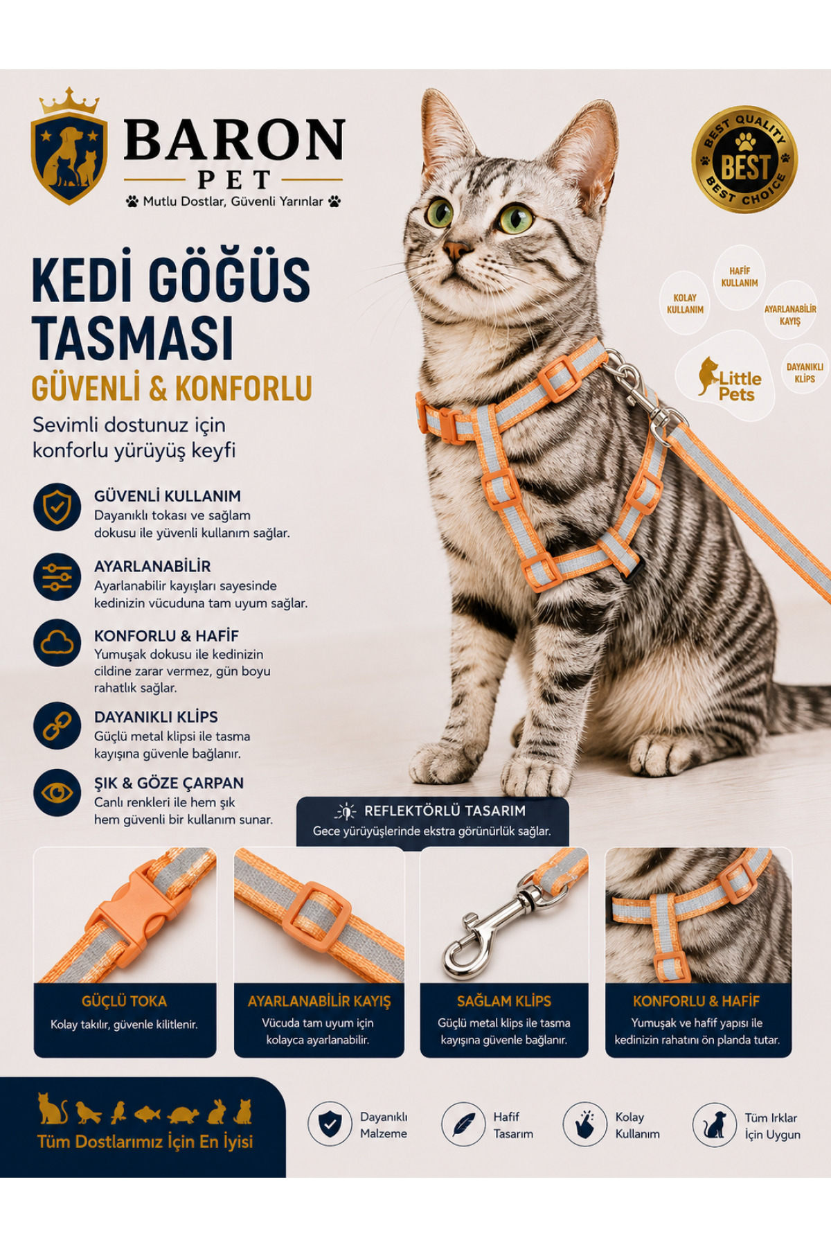 Kedi Göğüs Tasması ve Gezdirme Kayışı Seti Turuncu Reflektörlü Ayarlanabilir
