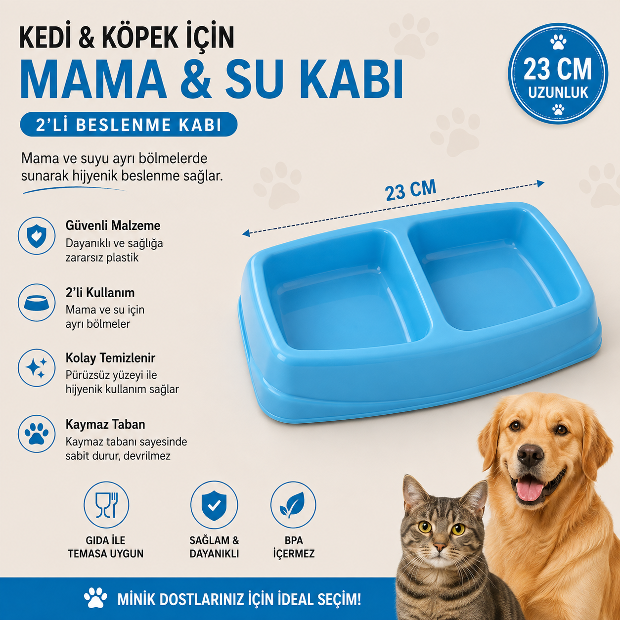 Kedi Köpek İkili Mama ve Su Kabı 23 cm Kaymaz Tabanlı Çift Bölmeli - Mavi