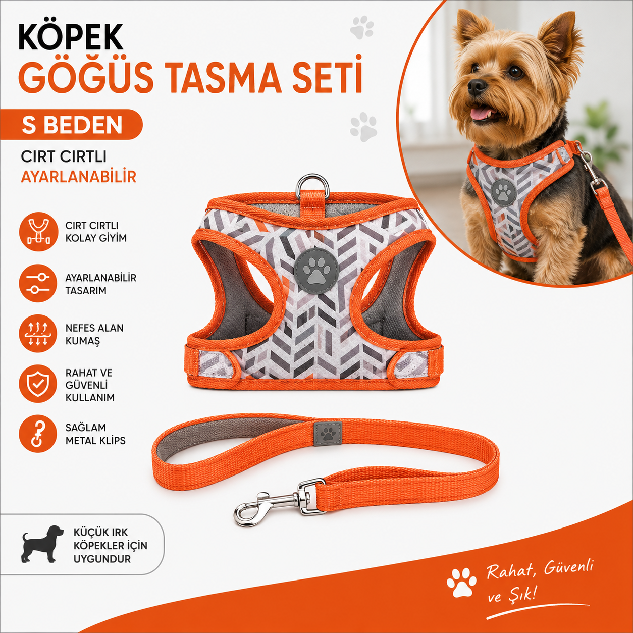 Köpek Göğüs Tasması ve Sevk Kayışı Seti S Beden Cırt Cırtlı Nefes Alan Kumaş - Turuncu