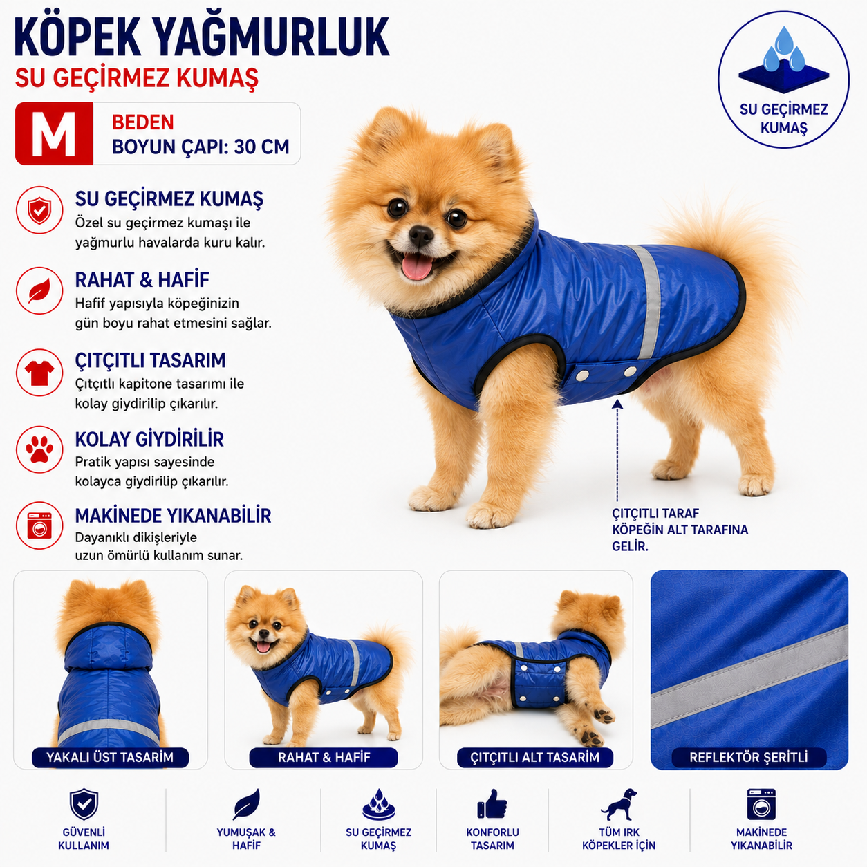 Köpek Yağmurluk M Beden Boyun Çapı 30 cm Su Geçirmez Reflektörlü Çıtçıtlı - Mavi