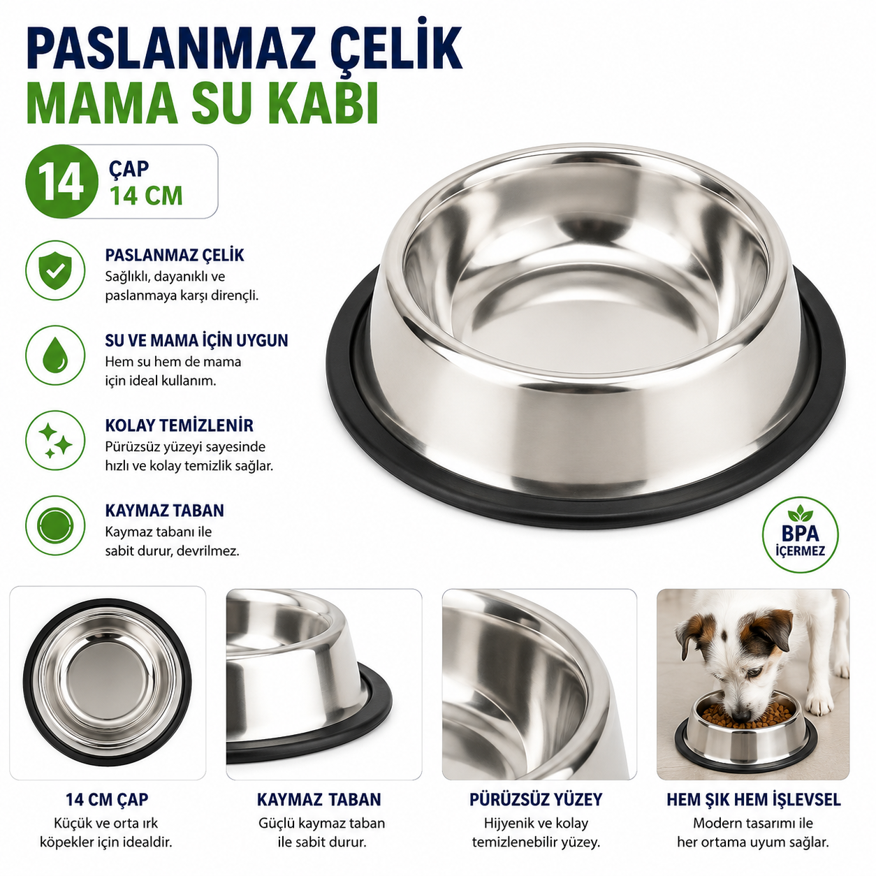 Paslanmaz Çelik Kedi Köpek Mama ve Su Kabı 14 cm Kaymaz Tabanlı BPA İçermez