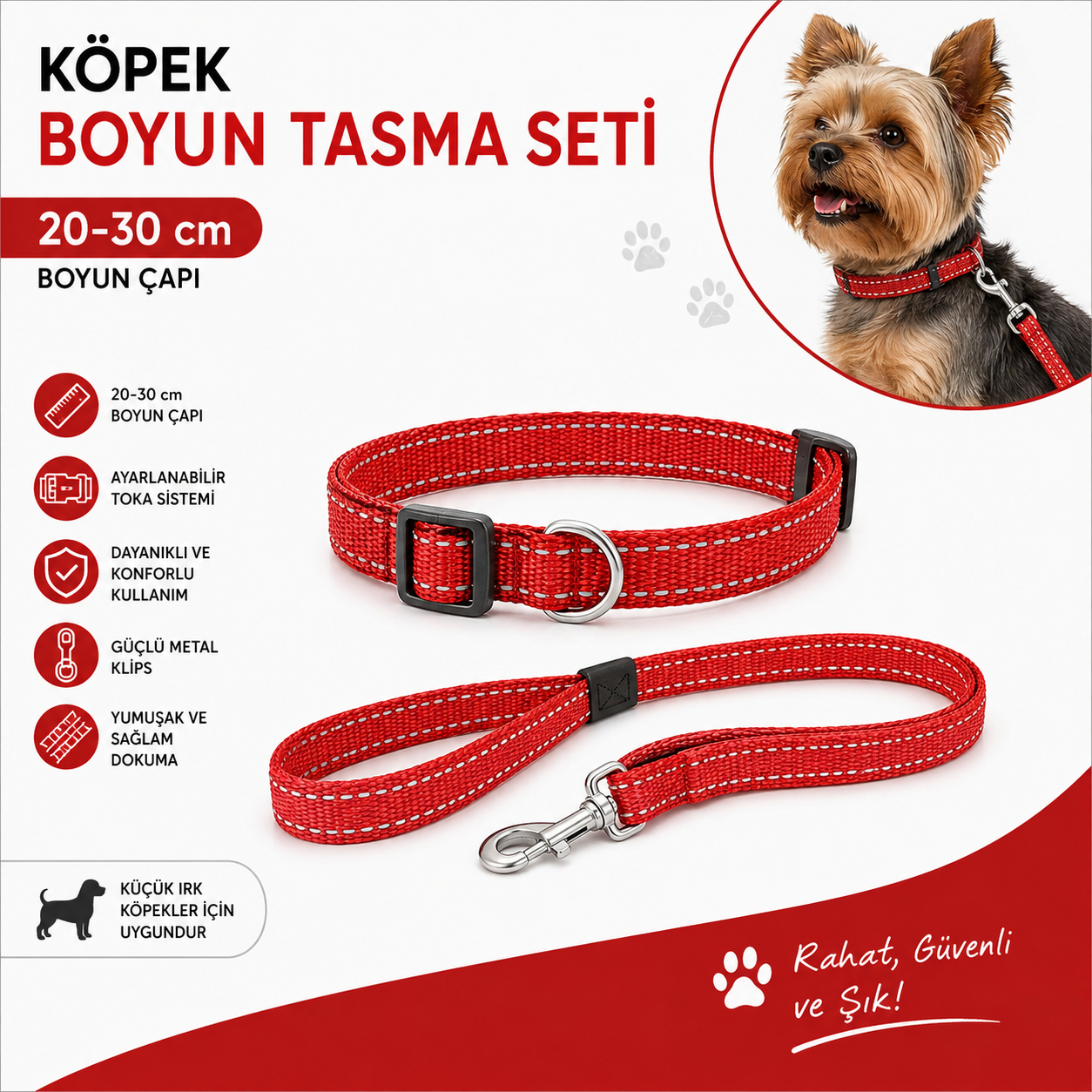 Köpek Boyun Tasması ve Sevk Kayışı Seti 20-30 cm Küçük Irk Reflektörlü - Kırmızı