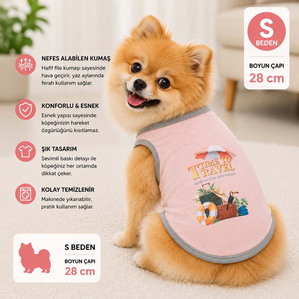 Köpek Tişörtü S Beden Boyun Çapı 28 cm Time To Travel Bavul Baskılı Kolsuz Atlet - Pembe