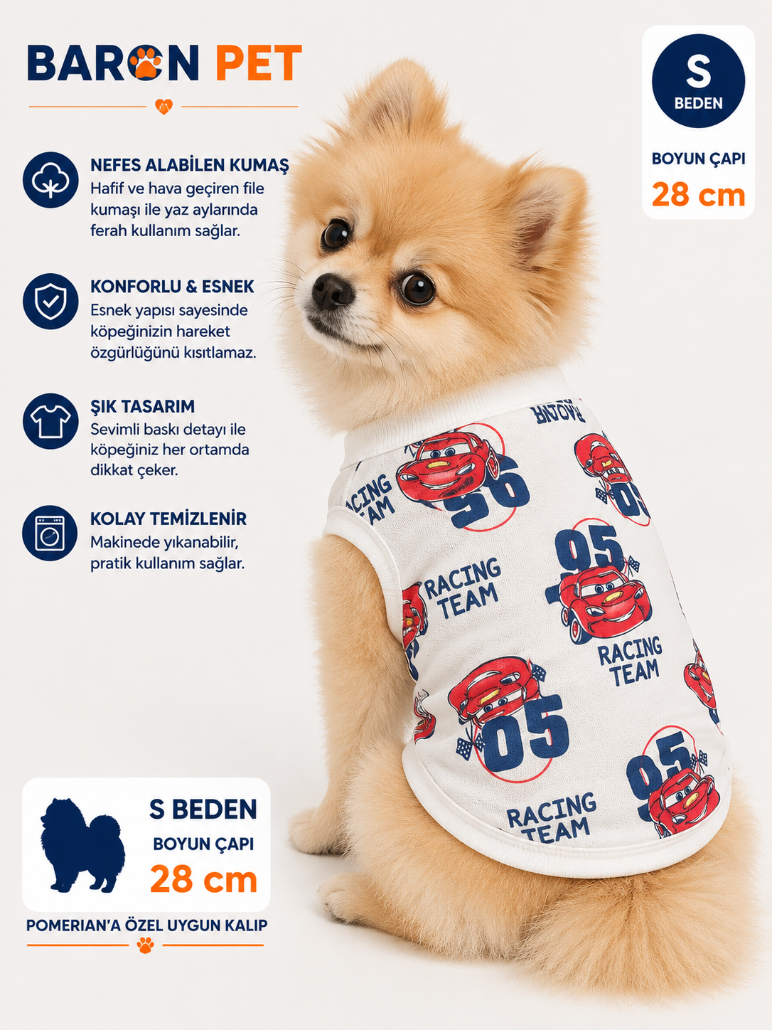 Köpek Tişörtü S Beden Boyun Çapı 28 cm Pomeranian Kalıp Yarış Arabası Desenli - Beyaz