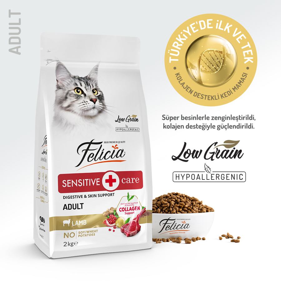Felicia 2 Kg Kolajenli Kuzulu Az Tahıllı Yetişkin Kedi Maması HypoAllergenic Kedi Maması