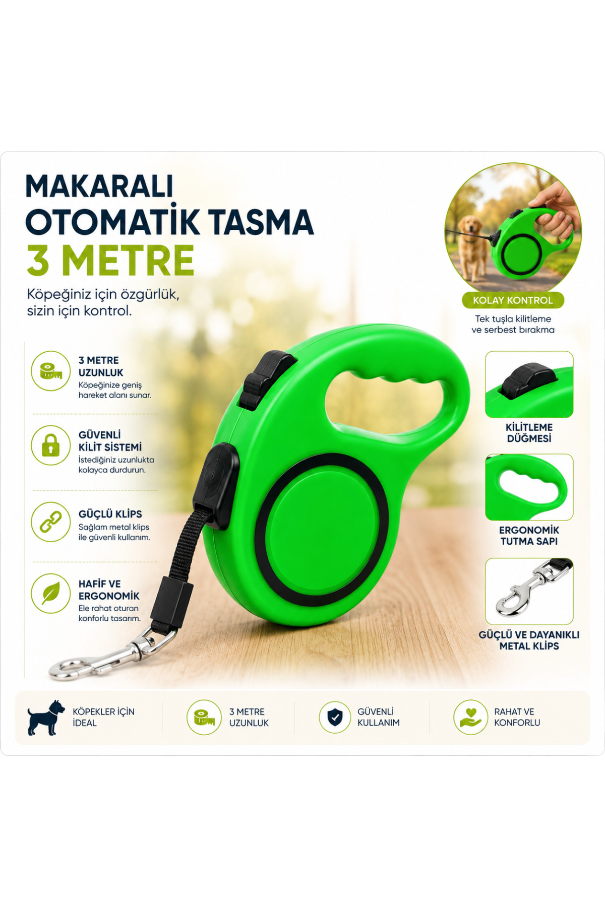 Makaralı Otomatik Köpek Gezdirme Tasması 3 Metre Yeşil Kilitlemeli Ergonomik