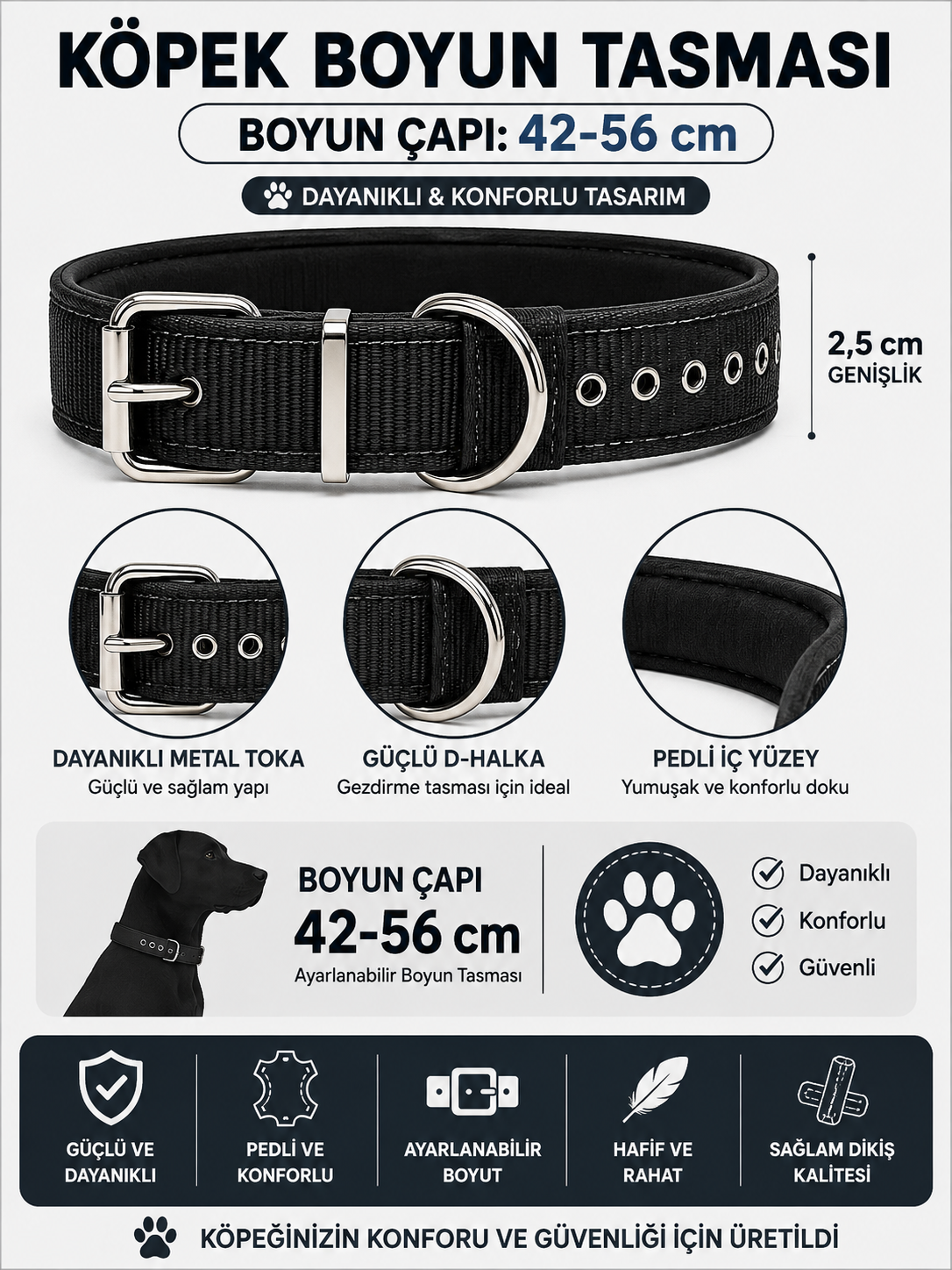 Pedli Köpek Boyun Tasması 42-56 cm 2,5 cm Dokuma Naylon Metal Tokalı - Siyah