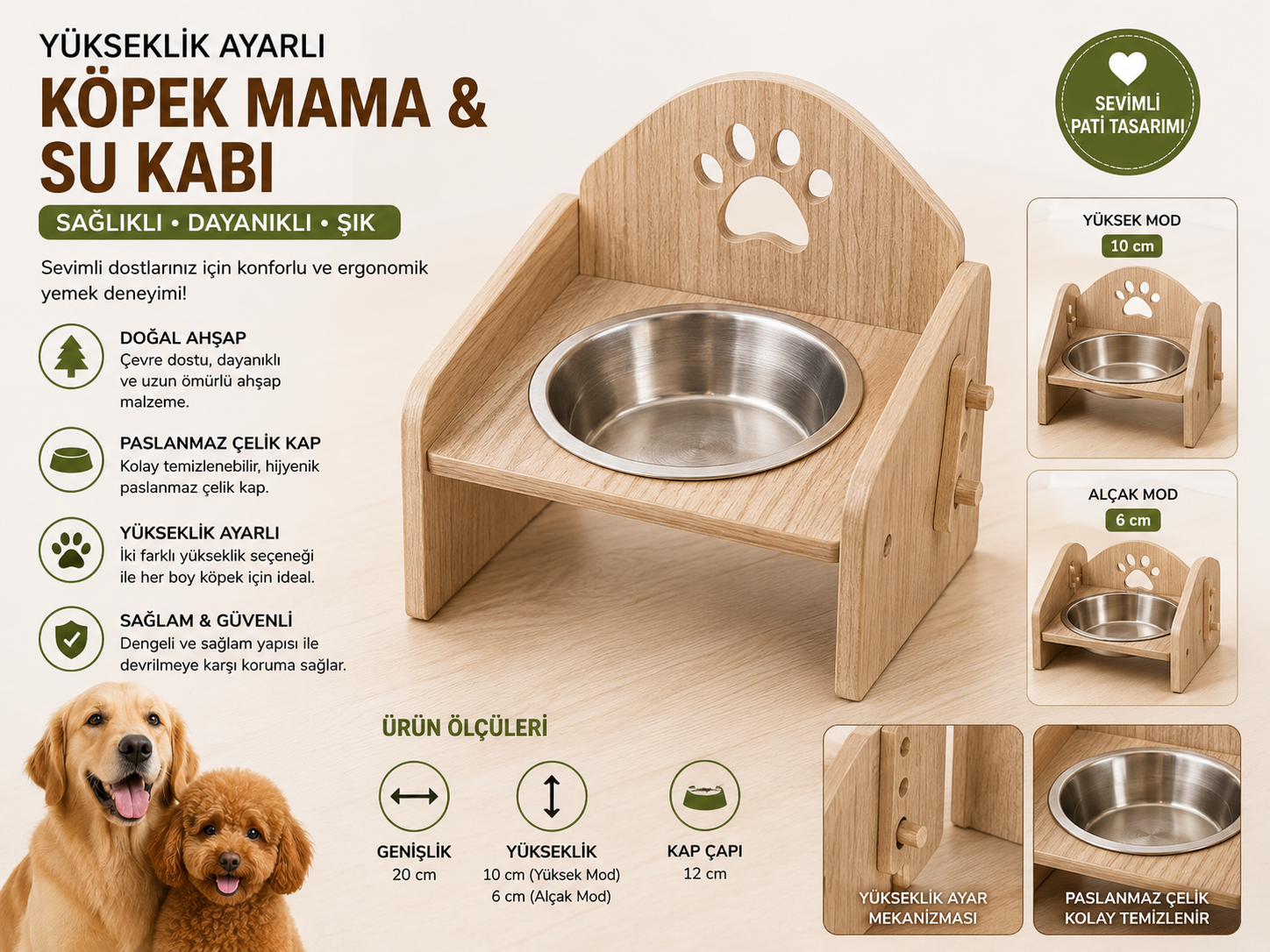 Yükseklik Ayarlı Ahşap Köpek Mama ve Su Kabı 20 cm Paslanmaz Çelik Kaseli