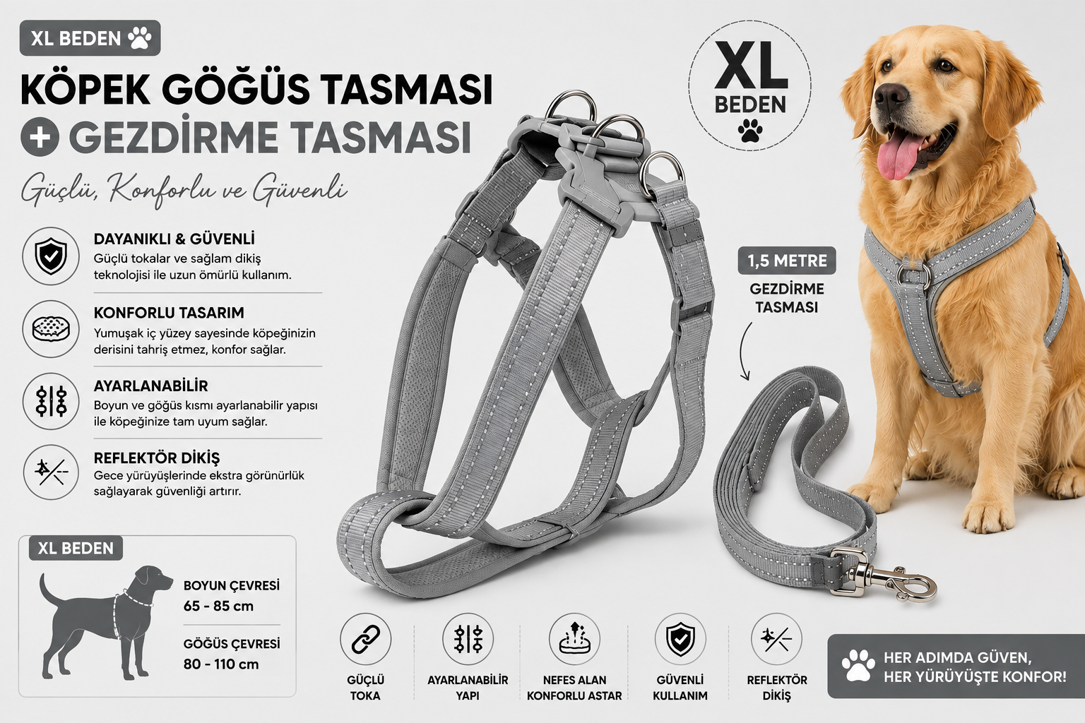 Köpek Göğüs Tasması ve Gezdirme Tasması Seti XL Beden Reflektörlü - Gri