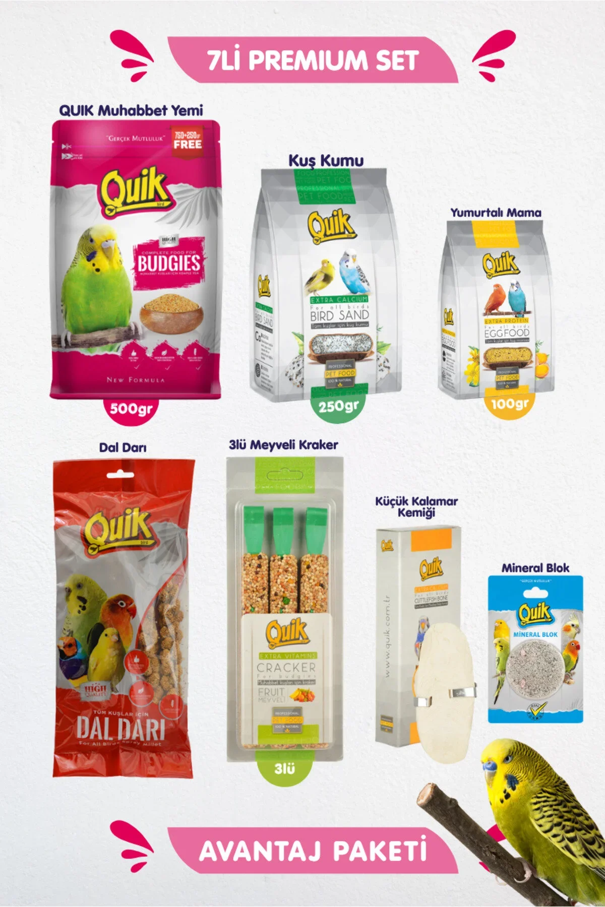 Quik  7li Set - Muhabbet Kuşu Besin Vitamin Bakım Başlangıç Seti