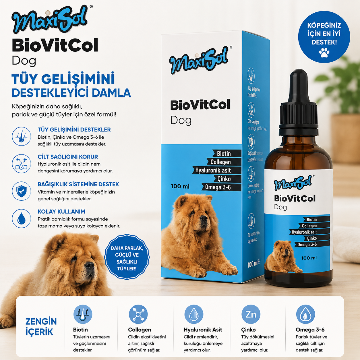MaxiSol BioVitCol Dog Köpek Tüy Gelişimi Destekleyici Damla 100 ml
