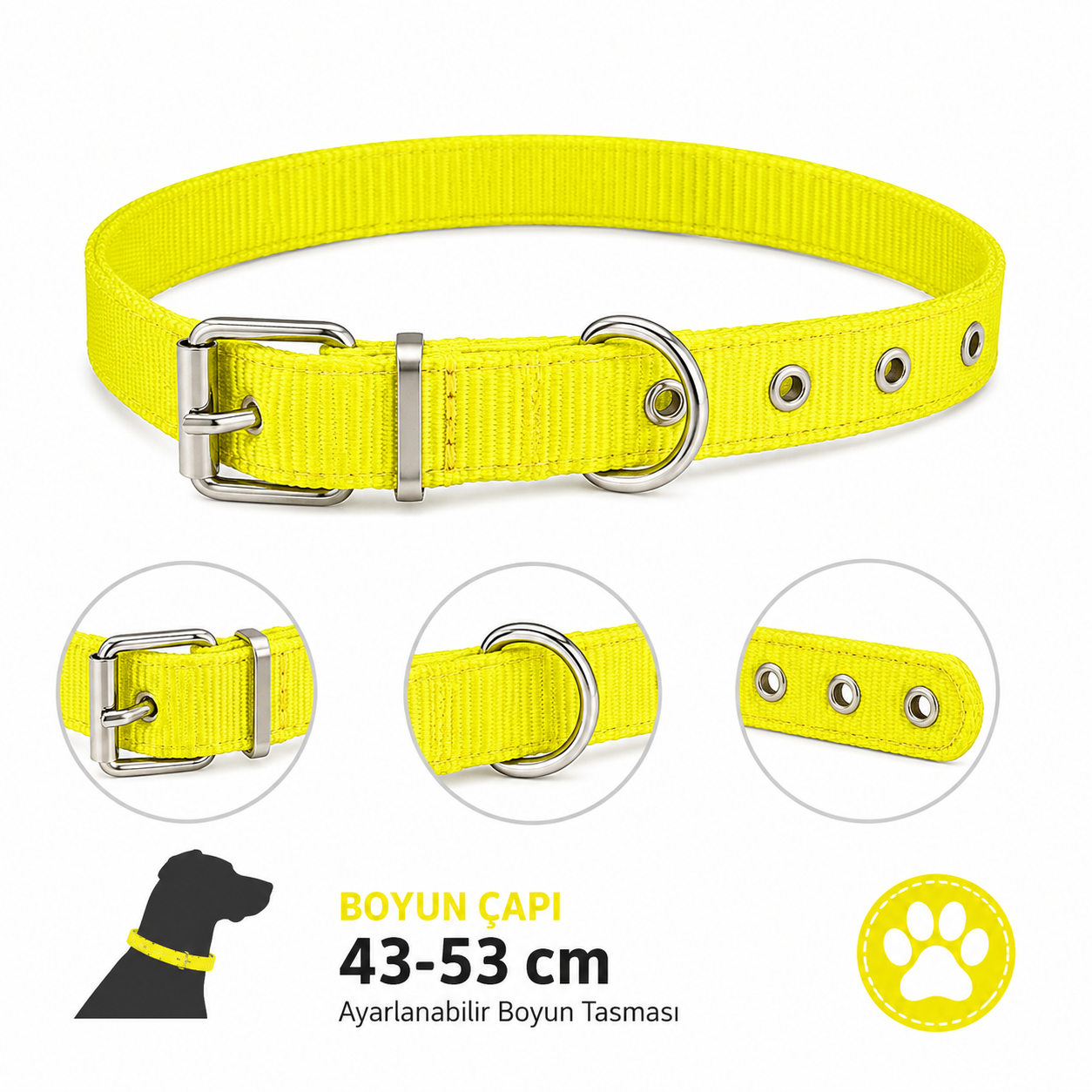 Köpek Boyun Tasması 43-53 cm Neon Sarı Dokuma Naylon Metal Tokalı D Halkalı Ayarlanabilir