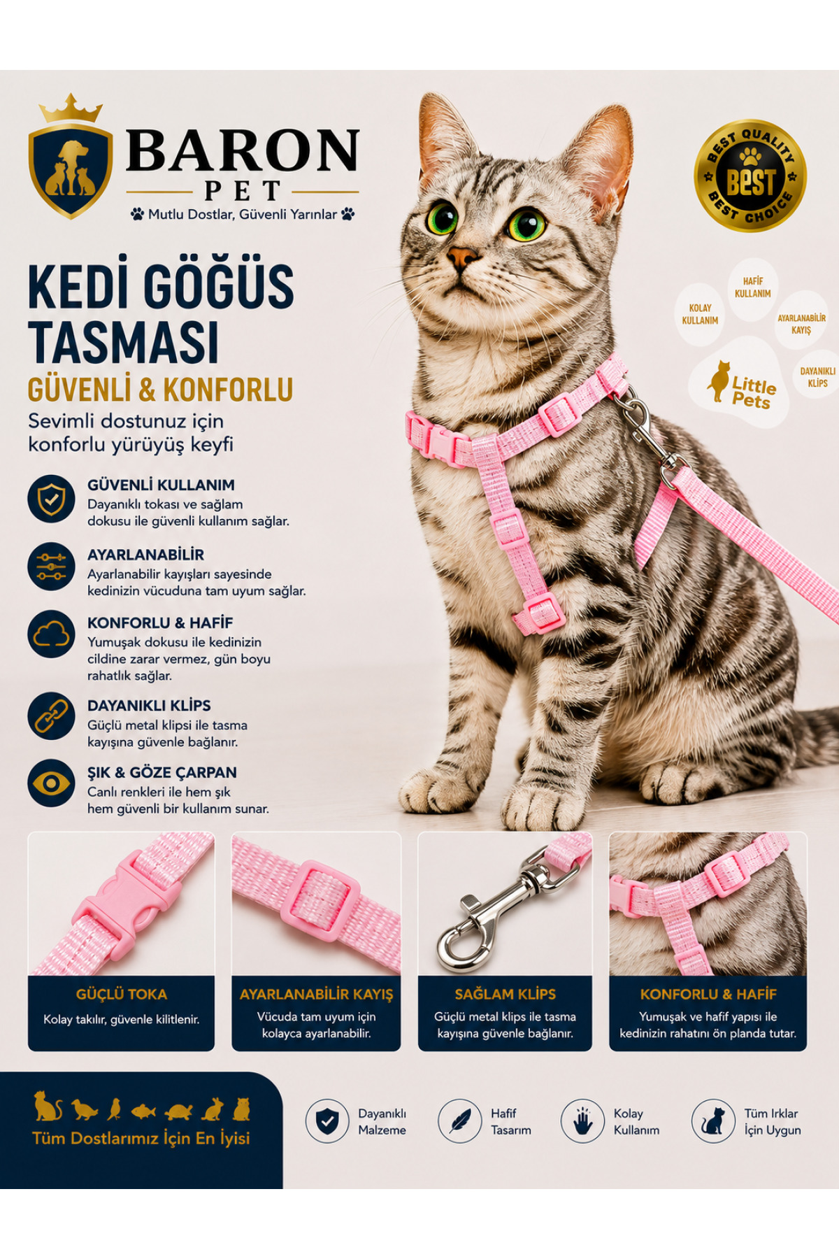 Kedi Göğüs Tasması ve Gezdirme Kayışı Seti Açık Pembe Düz Ayarlanabilir