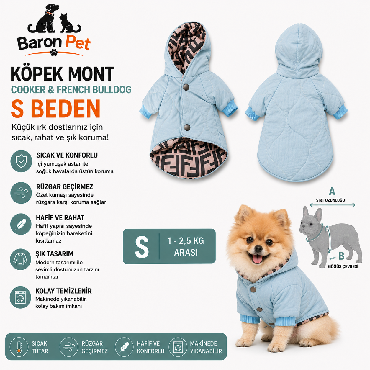 Köpek Montu S Beden 1-2,5 kg Kapüşonlu Kapitone Rüzgar Geçirmez - Bebek Mavisi