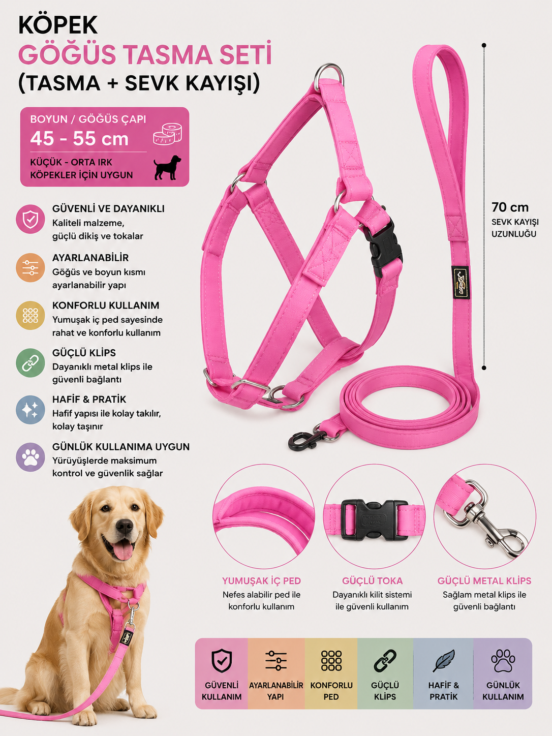 Köpek Göğüs Tasması ve Sevk Kayışı Seti 45-55 cm İçi Pedli 70 cm Kayış - Pembe