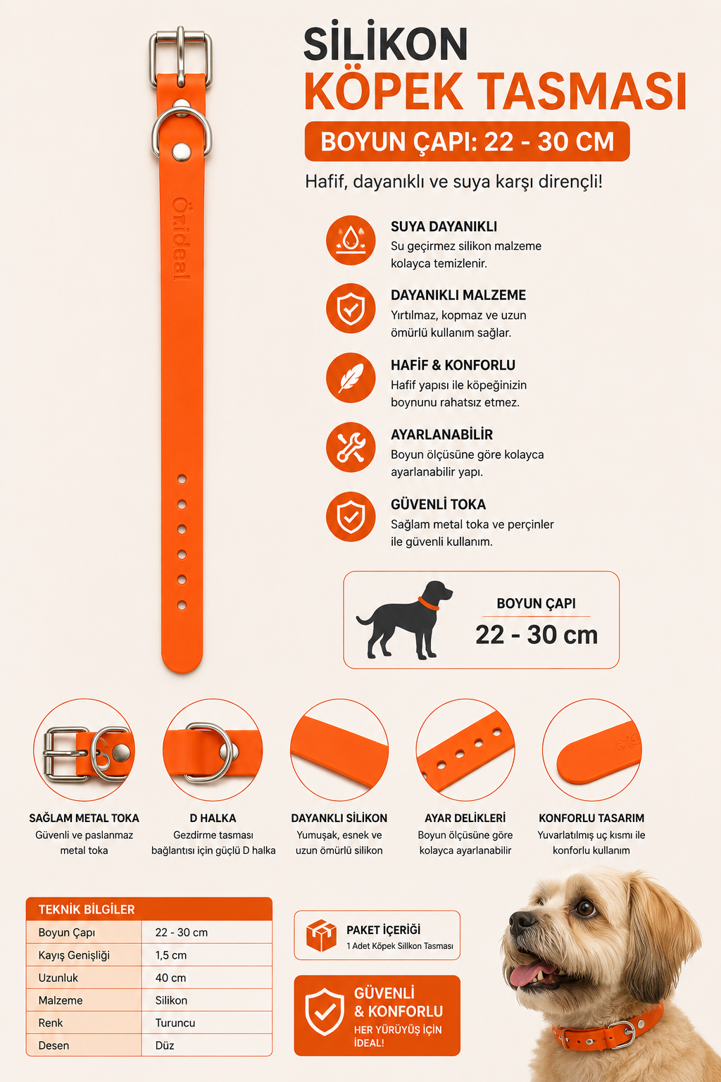 Silikon Köpek Boyun Tasması 22-30 cm Küçük Irk Su Geçirmez Ayarlanabilir Metal Tokalı - Turuncu