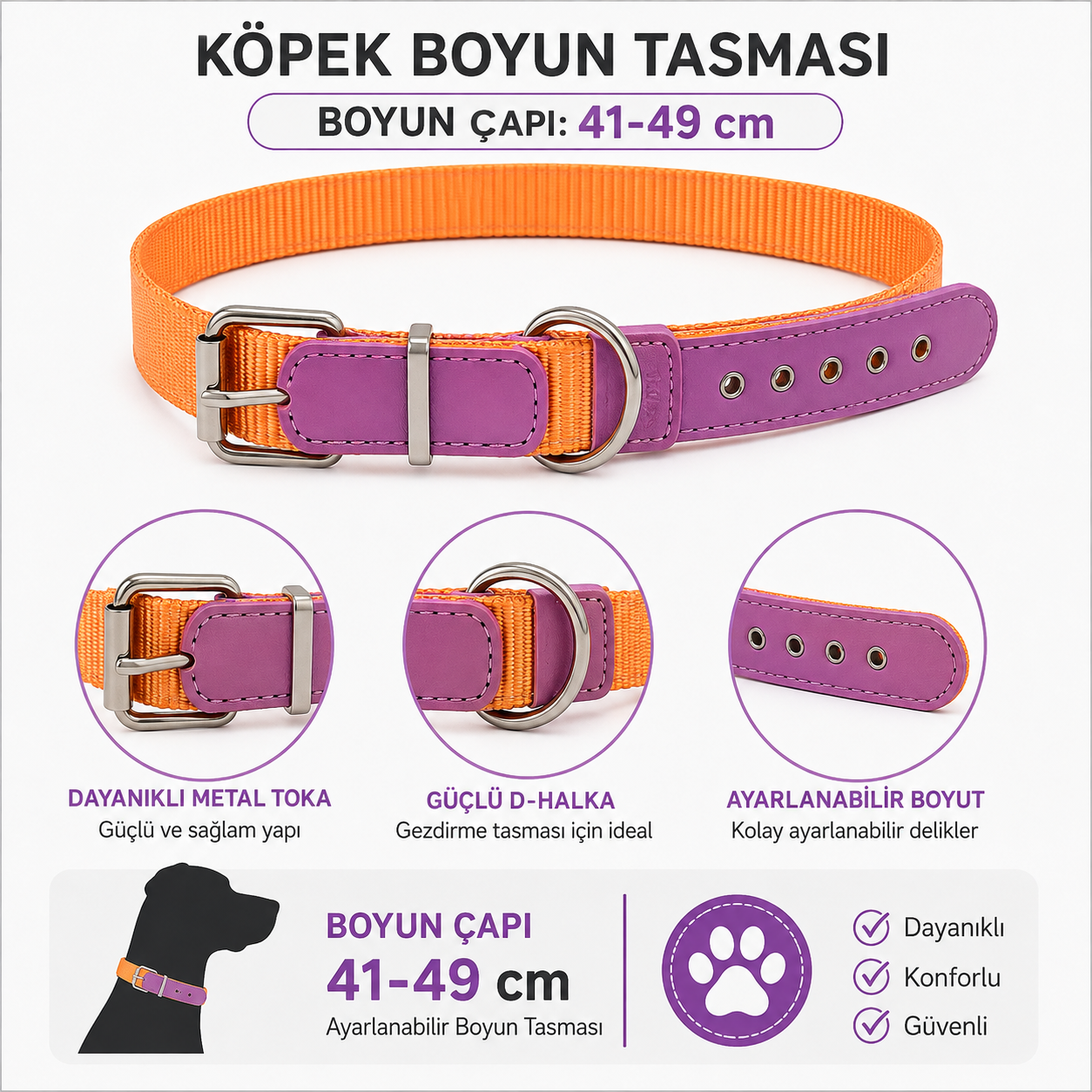 Köpek Boyun Tasması 41-49 cm Dokuma Naylon Mor Deri Detaylı Metal Tokalı - Turuncu