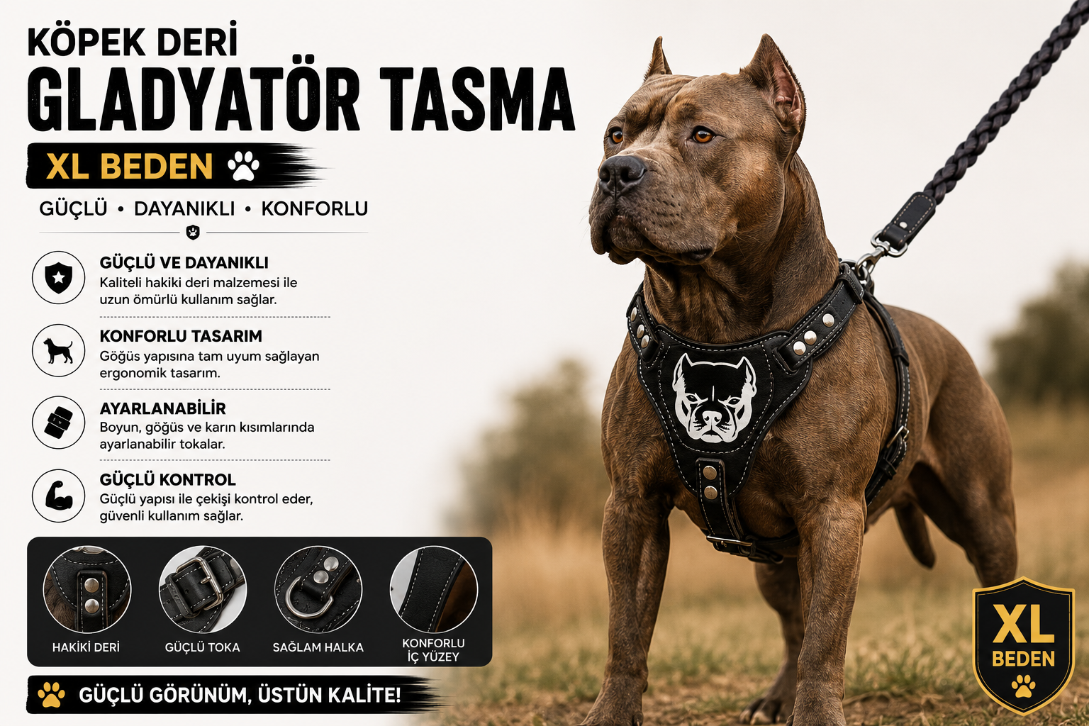 Hakiki Deri Gladyatör Köpek Göğüs Tasması XL Beden Ayarlanabilir - Siyah