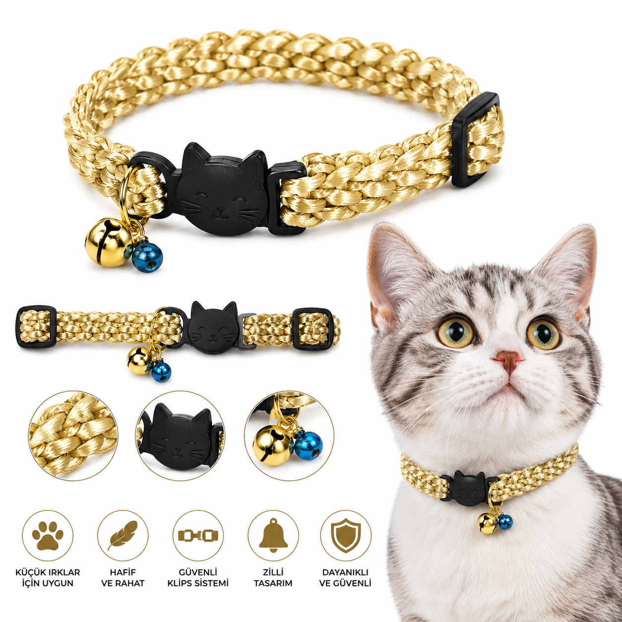 Örgü Kedi Tasması Kedi Figürlü Emniyet Tokalı Çift Zilli - Gold