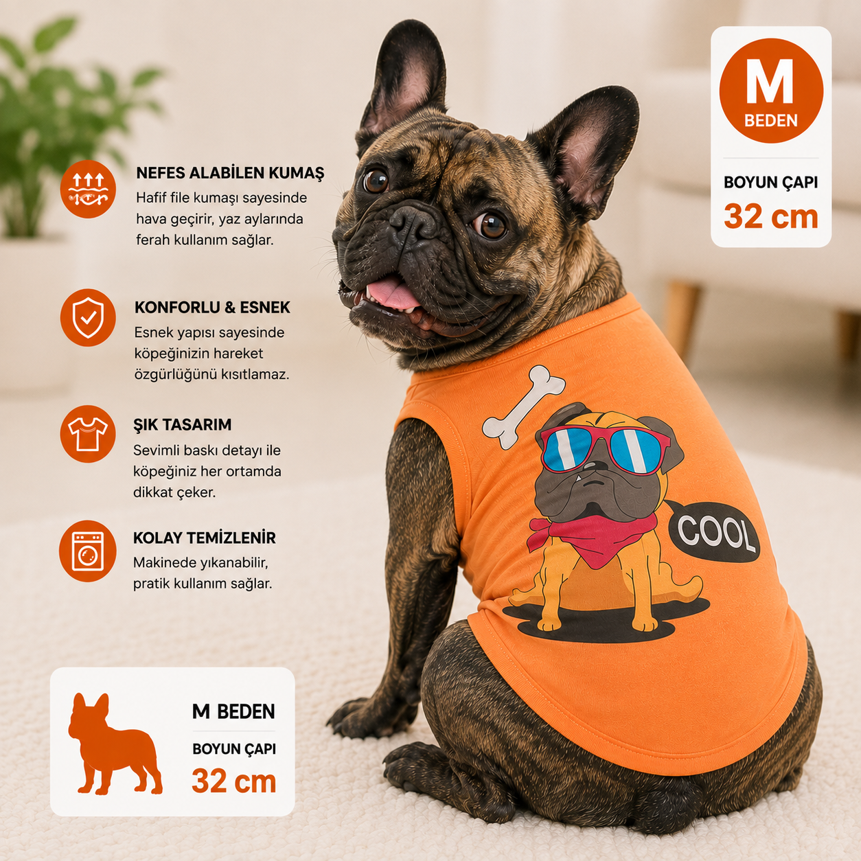 Köpek Tişörtü M Beden Boyun Çapı 32 cm Gözlüklü Köpek Baskılı Kolsuz Atlet - Turuncu