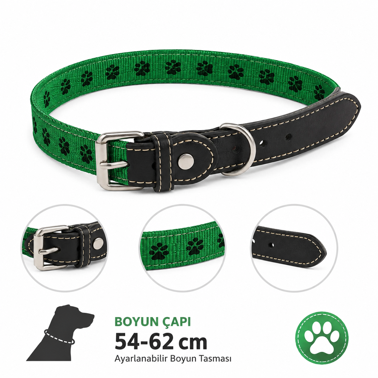 Köpek Boyun Tasması 54-62 cm Pati Desenli Deri Uçlu Metal Tokalı - Yeşil Siyah