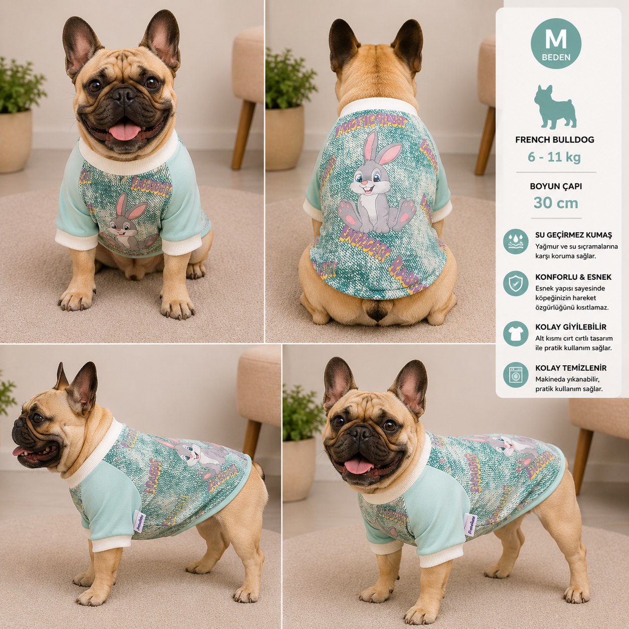 Köpek Sweatshirt M Beden Boyun Çapı 30 cm Tavşan Desenli Cırt Cırtlı - Mint Yeşili