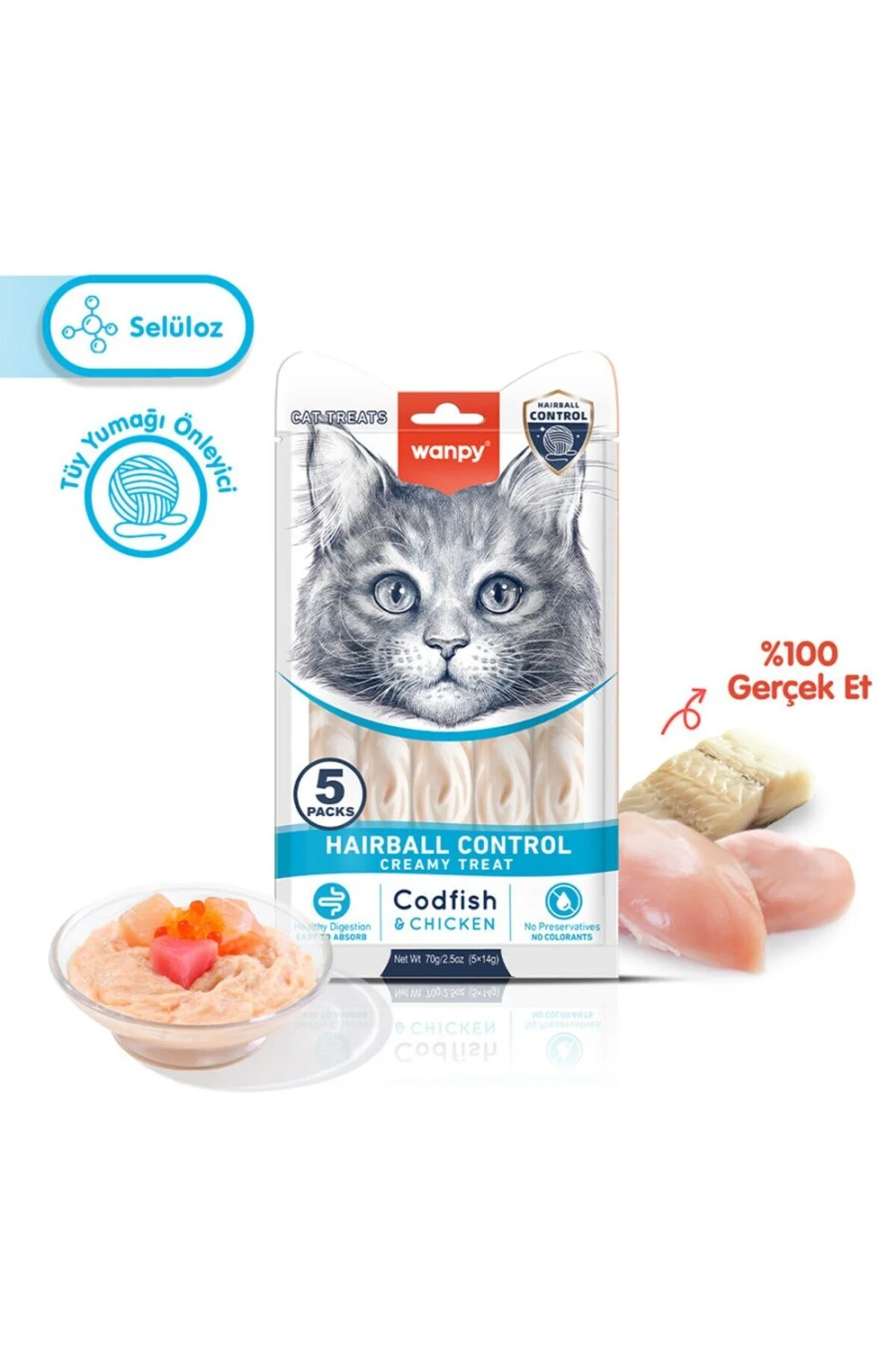 Wanpy Hairball Control Morina Tavuk Kedi Krema Ödül 5 x 14 Gr