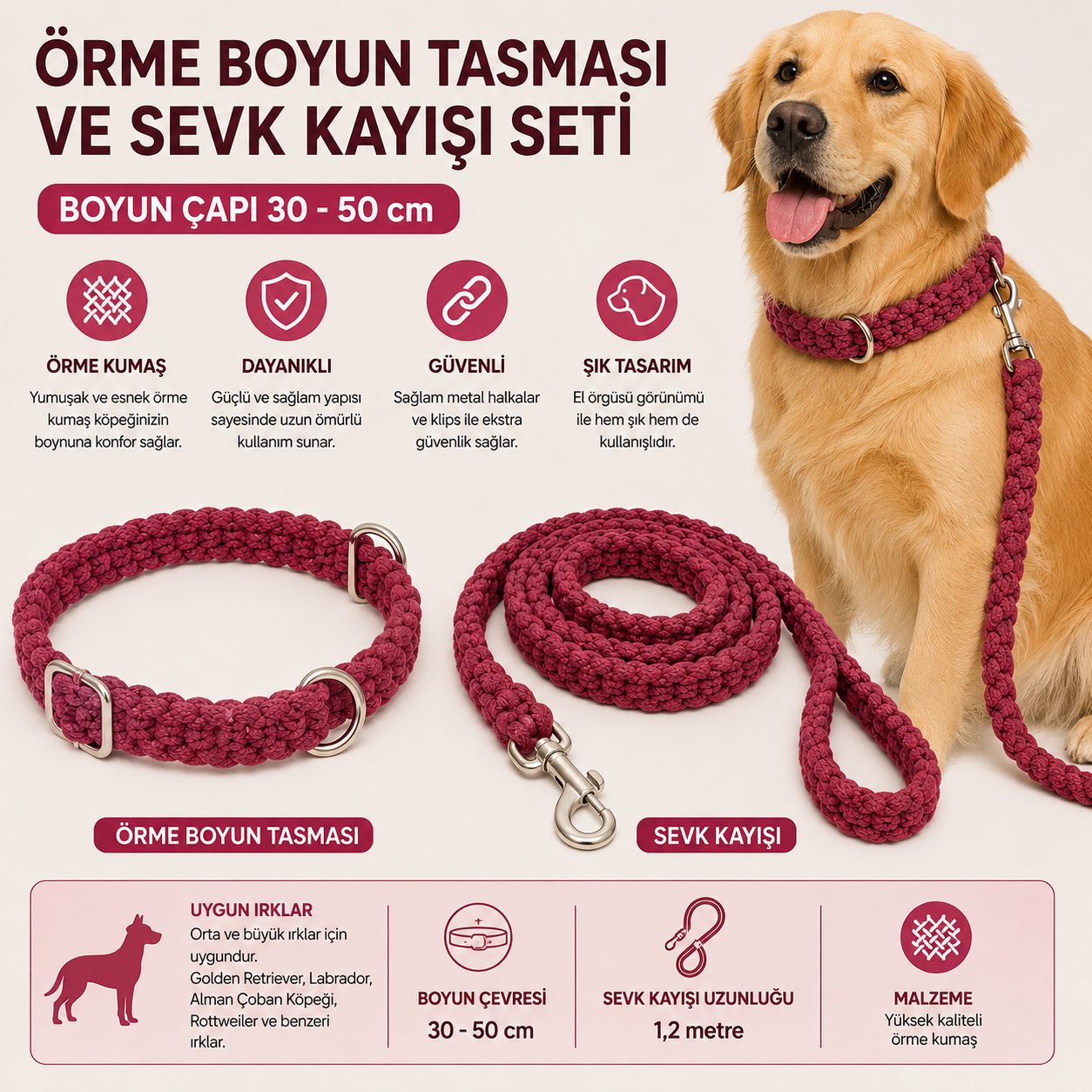 Örme Köpek Boyun Tasması ve Sevk Kayışı Seti 30-50 cm 1,2 Metre Kayış El Örgüsü - Bordo
