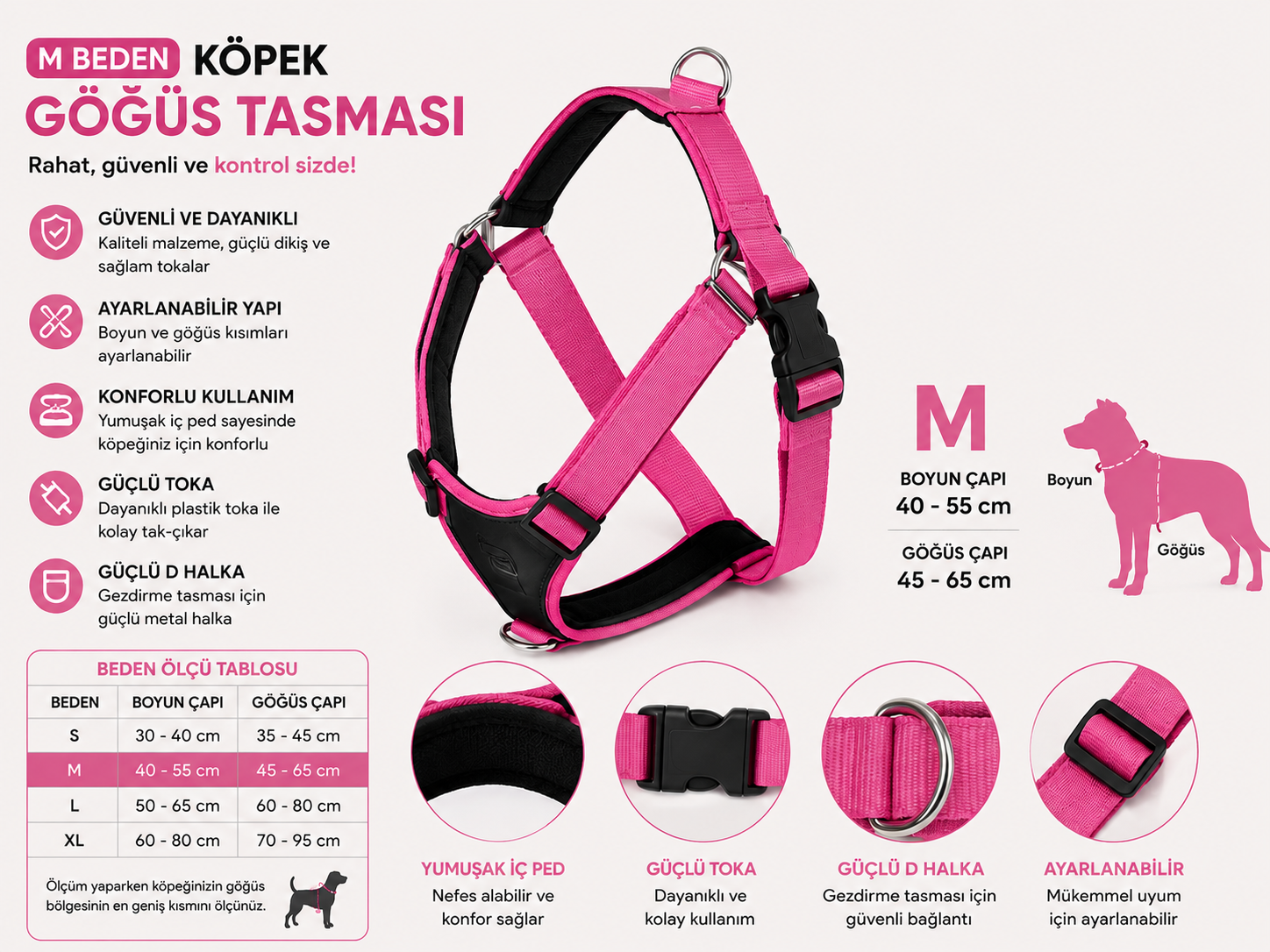 Köpek Göğüs Tasması M Beden Boyun 40-55 cm Göğüs 45-65 cm İçi Pedli Ayarlanabilir - Fuşya