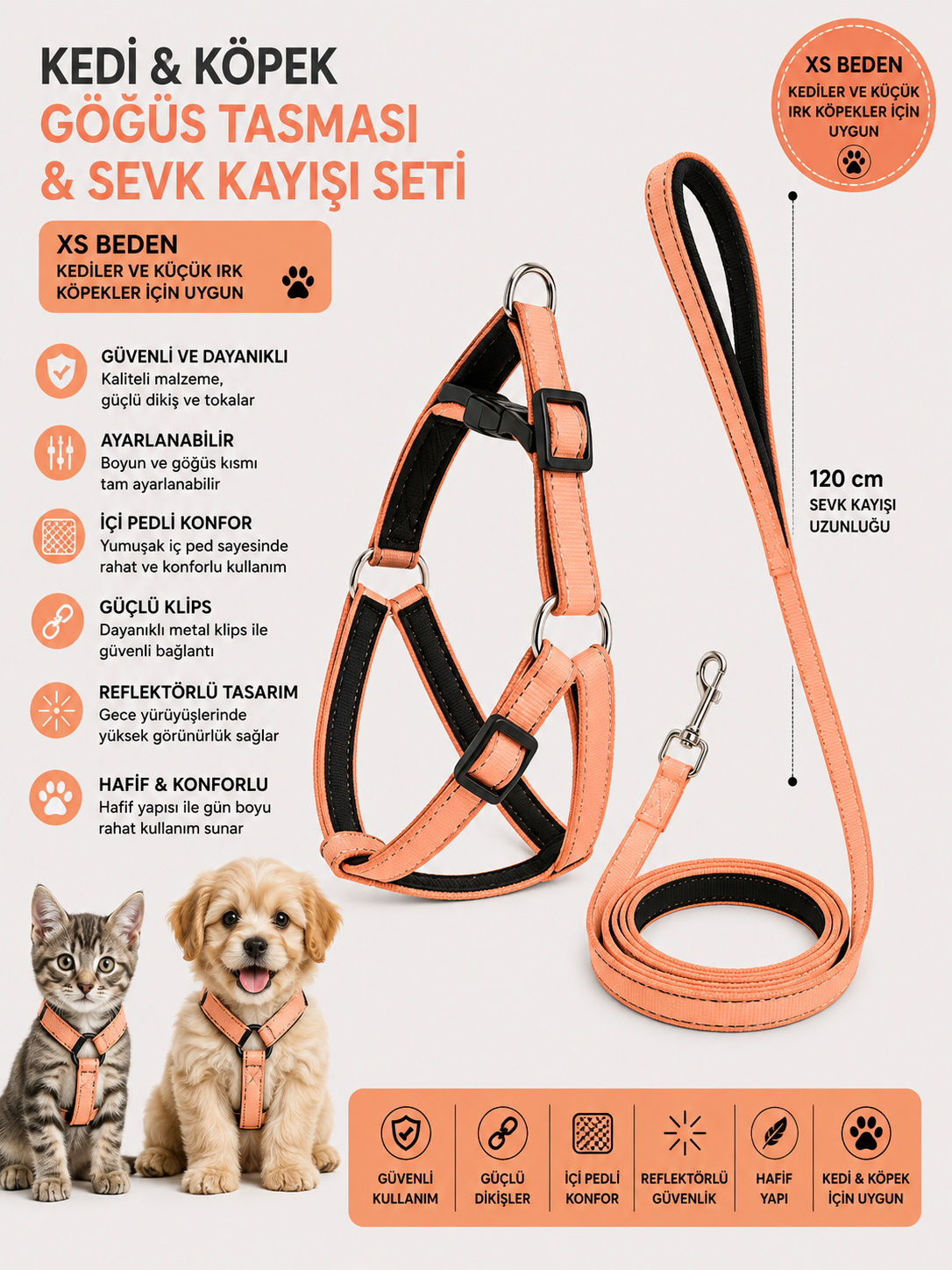 İçi Pedli Reflektörlü Kedi ve Köpek Göğüs Tasması Sevk Kayışı Seti XS Beden 120 cm - Somon