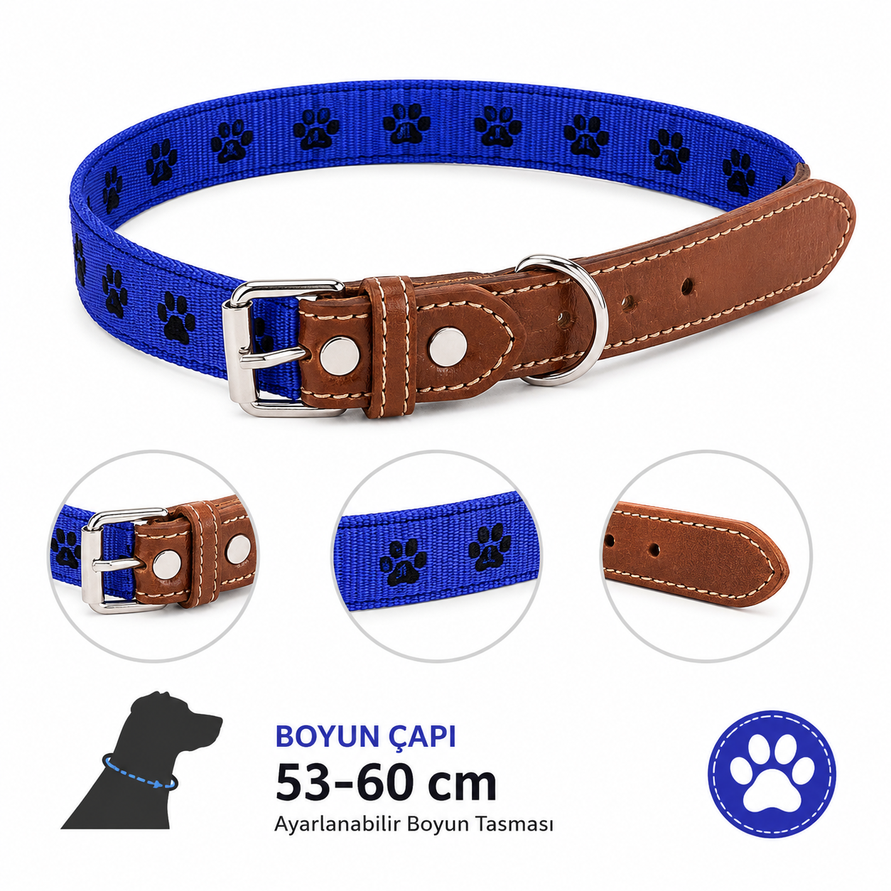 Köpek Boyun Tasması 53-60 cm Pati Desenli Deri Uçlu Metal Tokalı - Mavi Kahverengi