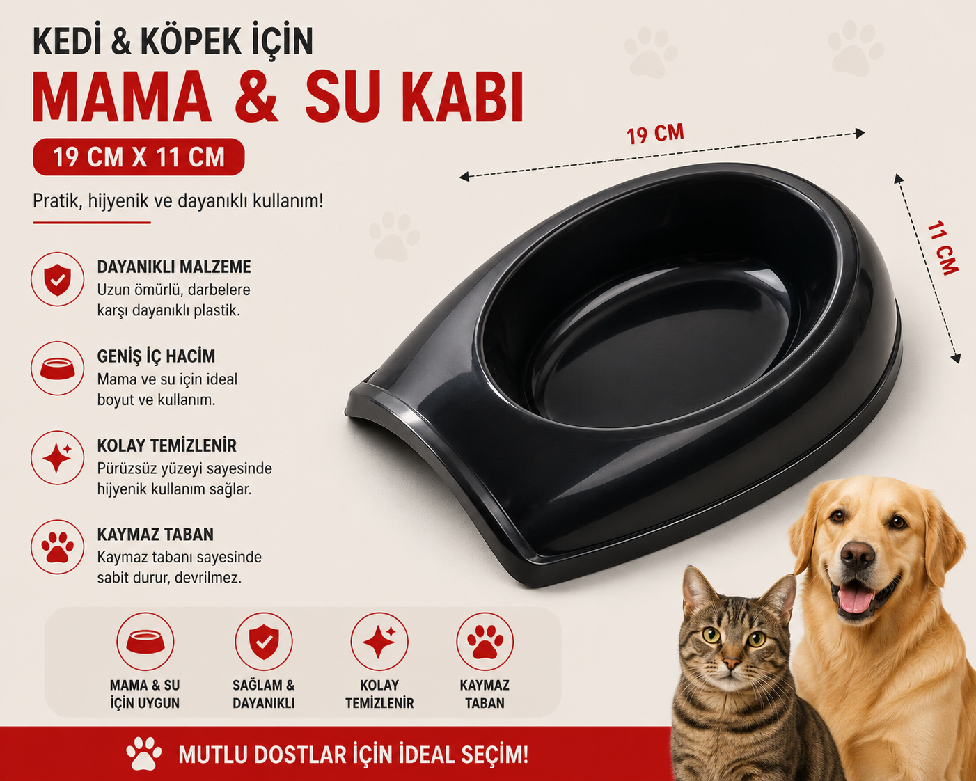 Kedi Köpek Mama ve Su Kabı 19x11 cm Oval Kaymaz Tabanlı - Siyah