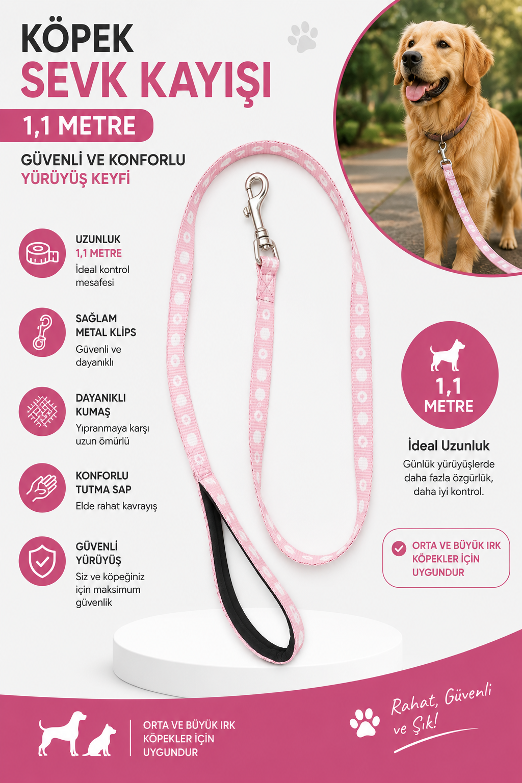 Köpek Sevk Kayışı 1,1 Metre Pedli Tutma Saplı Metal Klipsli Desenli - Pembe