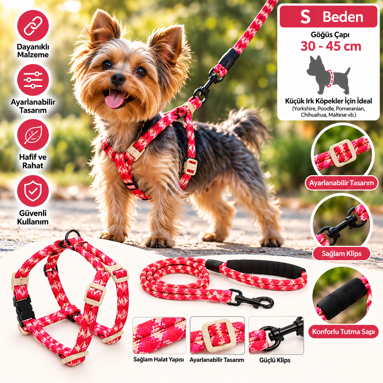 Ally Paws Köpek Göğüs Tasması ve Gezdirme Kayışı Seti S Beden 8mm x 120cm - Kırmızı