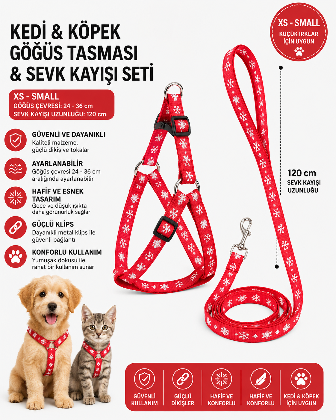 Kar Tanesi Desenli Kedi ve Köpek Göğüs Tasması Sevk Kayışı Seti XS-S 24-36 cm 120 cm - Kırmızı