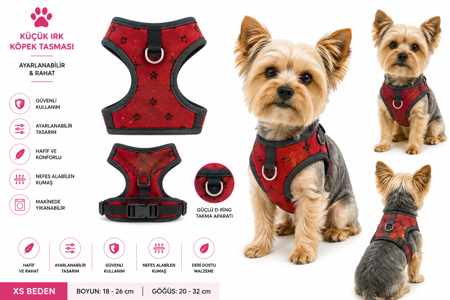Küçük Irk Köpek Göğüs Tasması Pati Desenli Ayarlanabilir - Kırmızı XS Beden