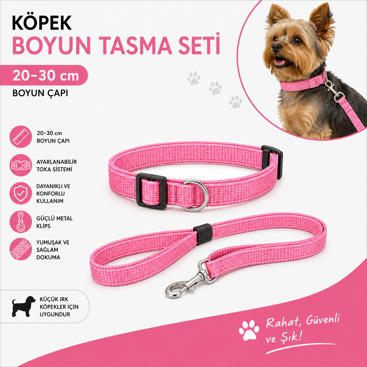 Köpek Boyun Tasması ve Sevk Kayışı Seti 20-30 cm Küçük Irk Ayarlanabilir - Pembe