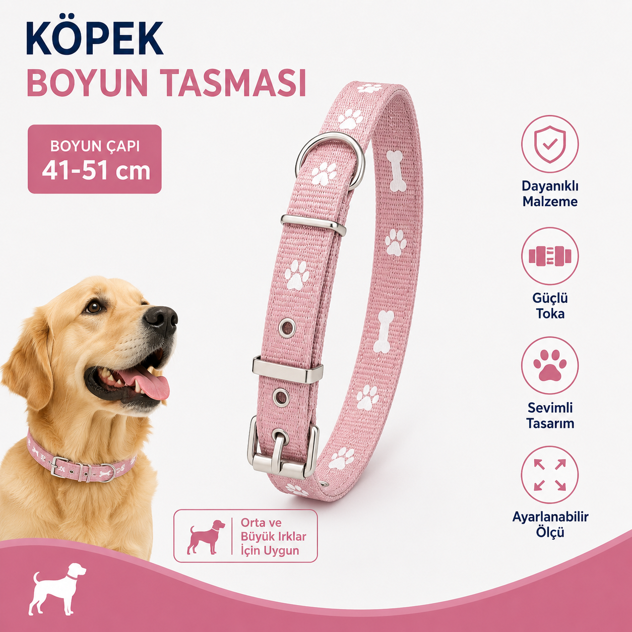 Pati ve Kemik Desenli Köpek Boyun Tasması 41-51 cm Ayarlanabilir Metal Tokalı D Halkalı - Pudra Pembe