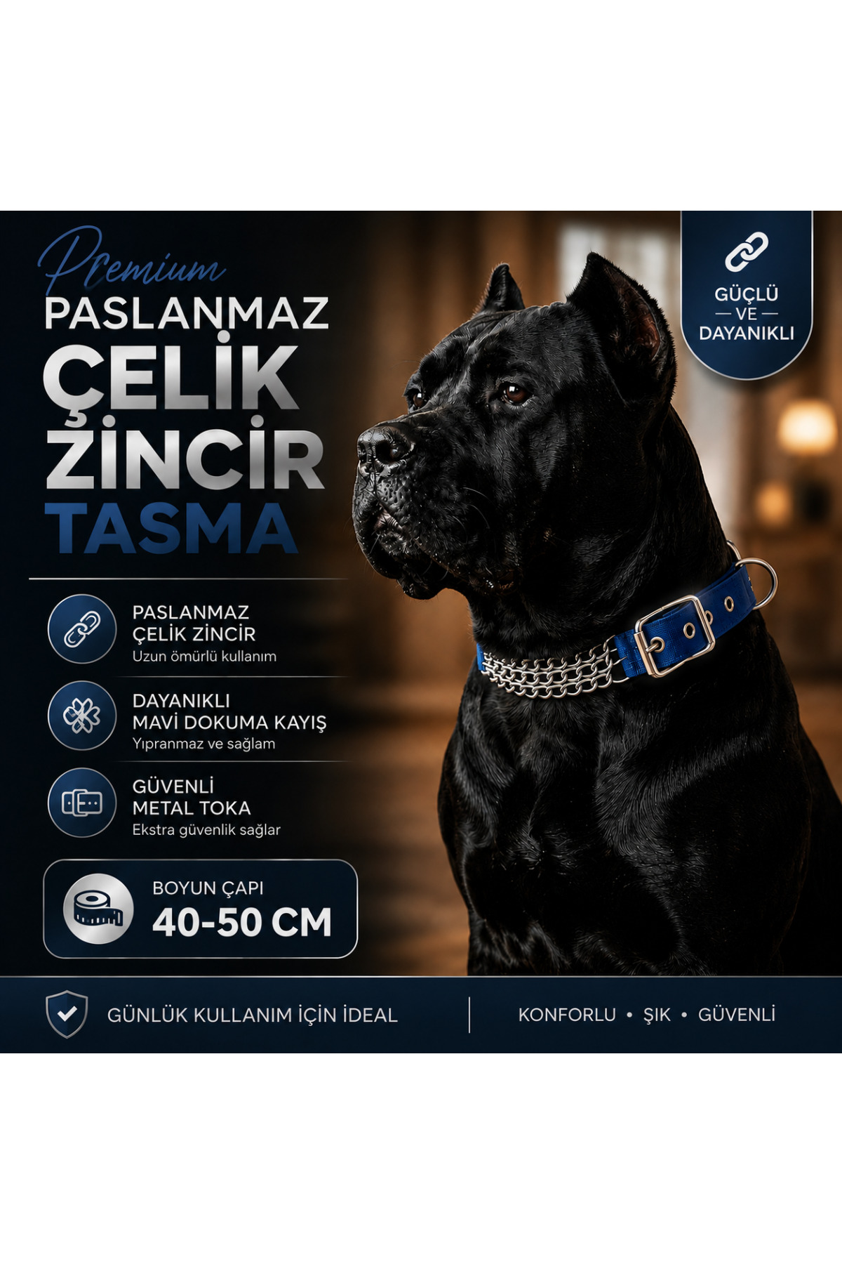 Köpek Zincir Boyun Tasması Paslanmaz Çelik Mavi Dokuma Kayış 40-50 cm Ayarlanabilir