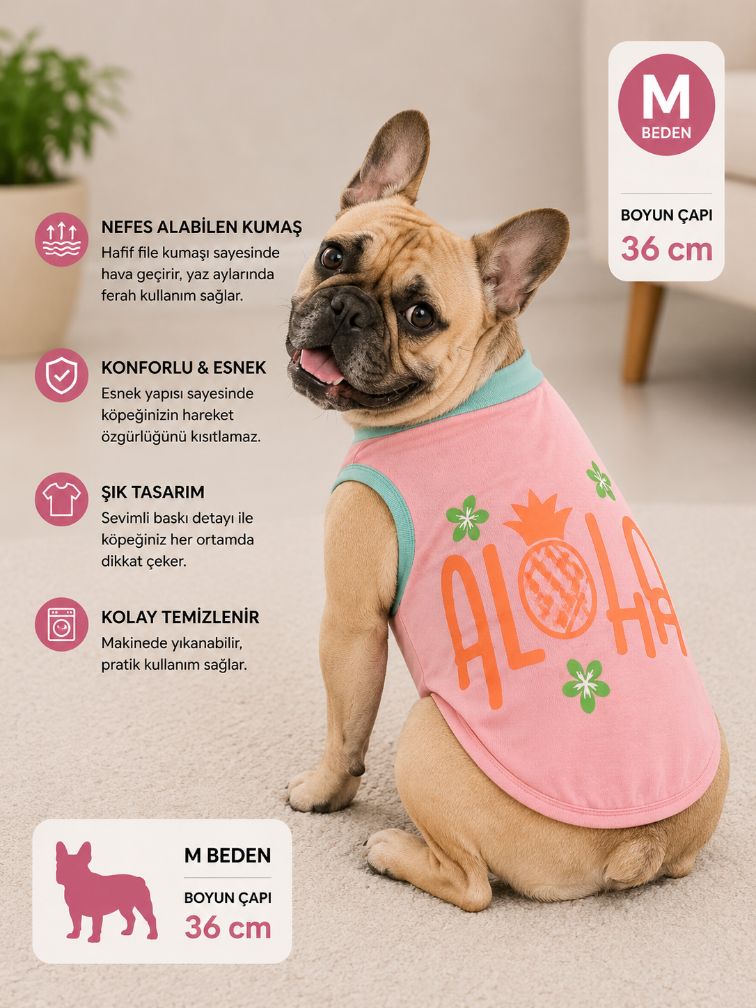 Köpek Tişörtü M Beden Boyun Çapı 36 cm Aloha Ananas Baskılı Kolsuz Atlet - Pembe