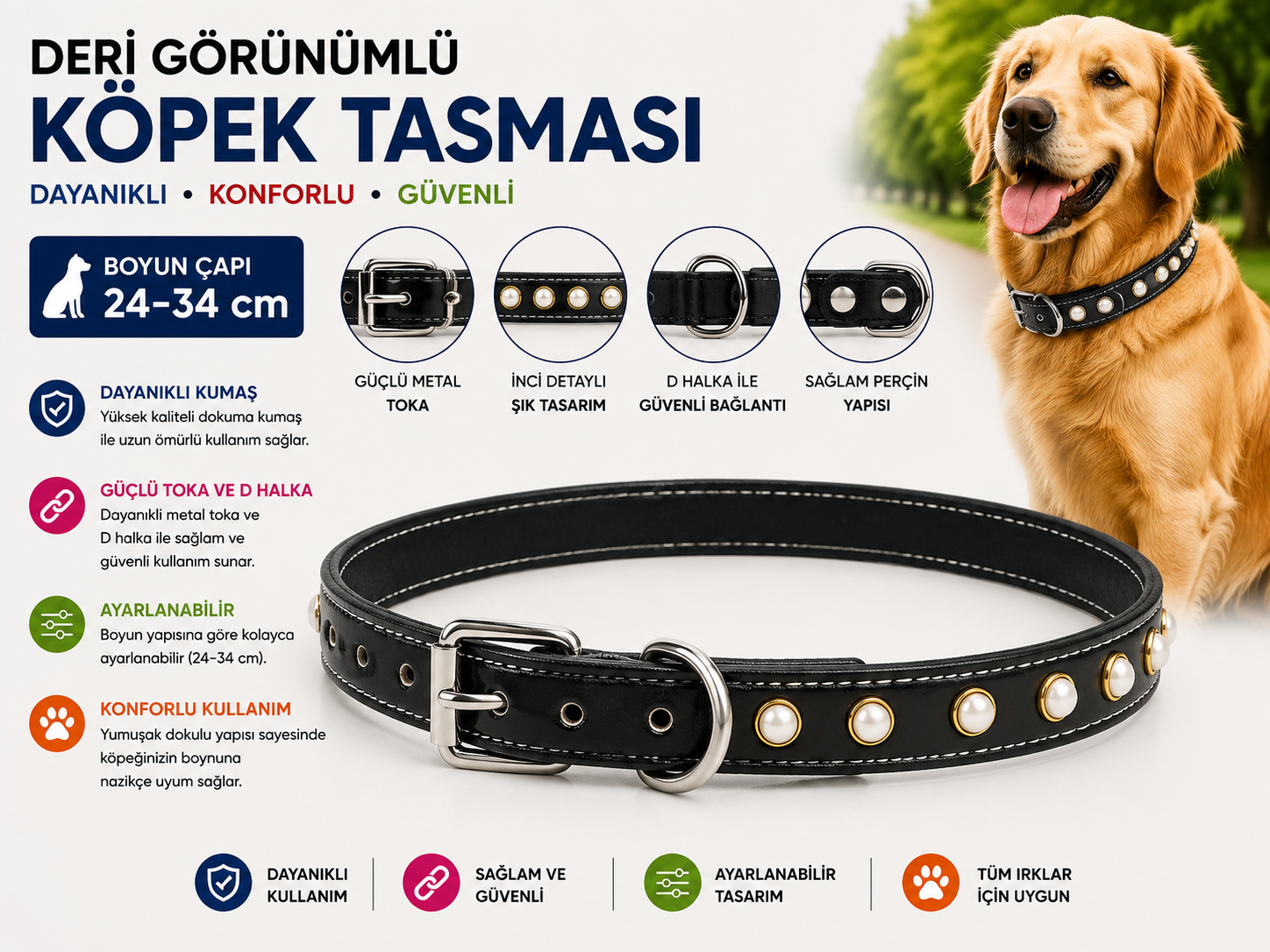 İncili Deri Görünümlü Köpek Boyun Tasması 24-34 cm Küçük Irk Ayarlanabilir Metal Tokalı - Siyah