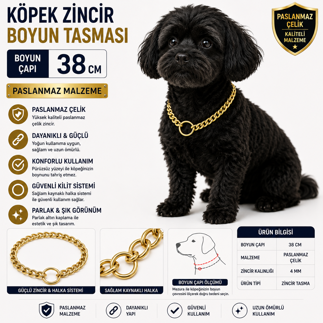 Köpek Zincir Boyun Tasması 38 cm Paslanmaz Çelik 4 mm Kalınlık - Altın