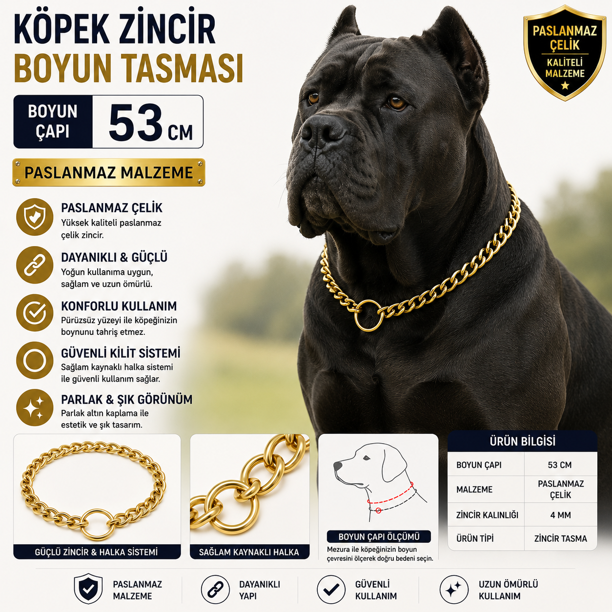 Köpek Zincir Boyun Tasması 53 cm Paslanmaz Çelik 4 mm Kalınlık - Altın
