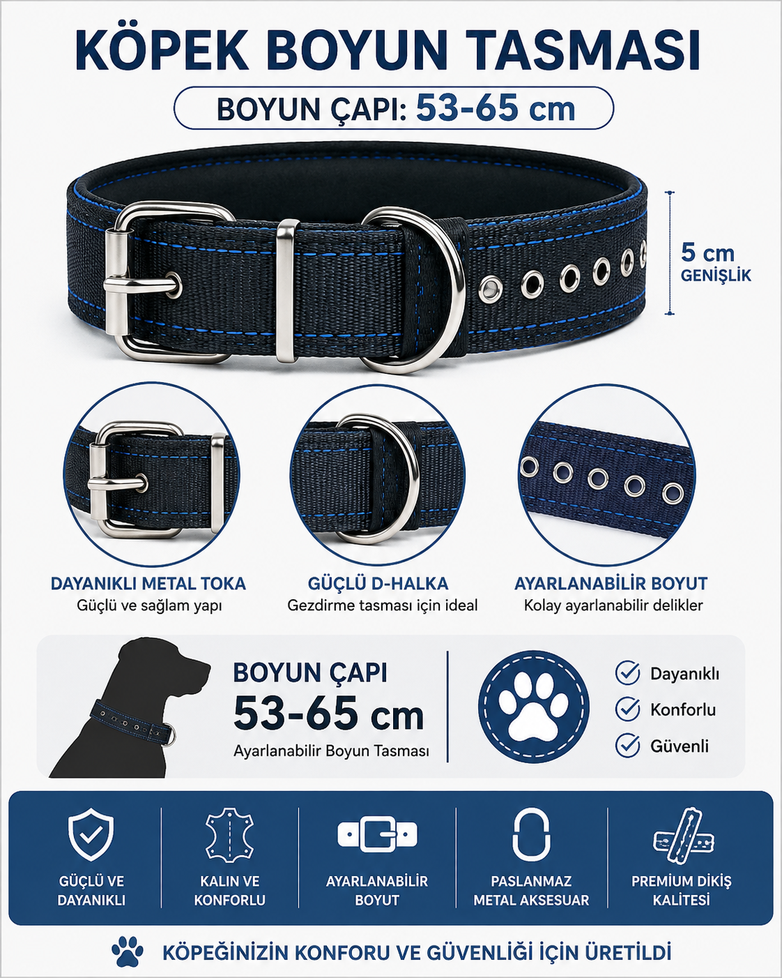Pedli Köpek Boyun Tasması 53-65 cm 5 cm Geniş Kalın Mavi Dikişli Metal Tokalı - Lacivert