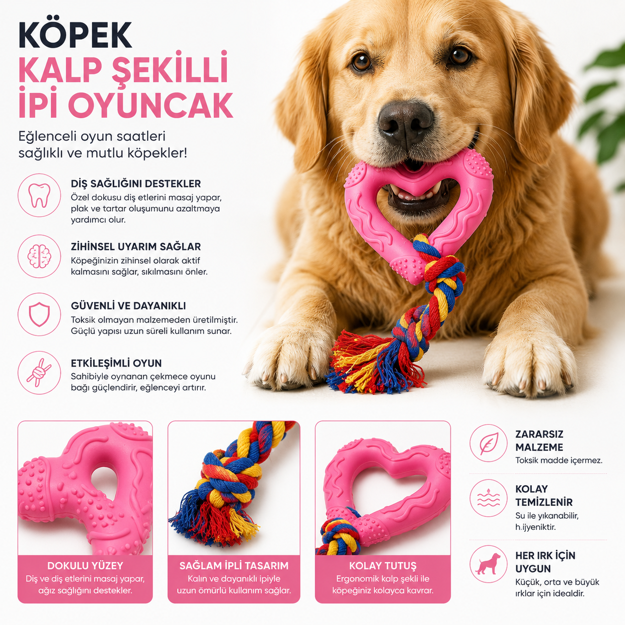 Köpek Kalp Şekilli Diş Kaşıma Oyuncağı İpli Çekiştirme - Pembe