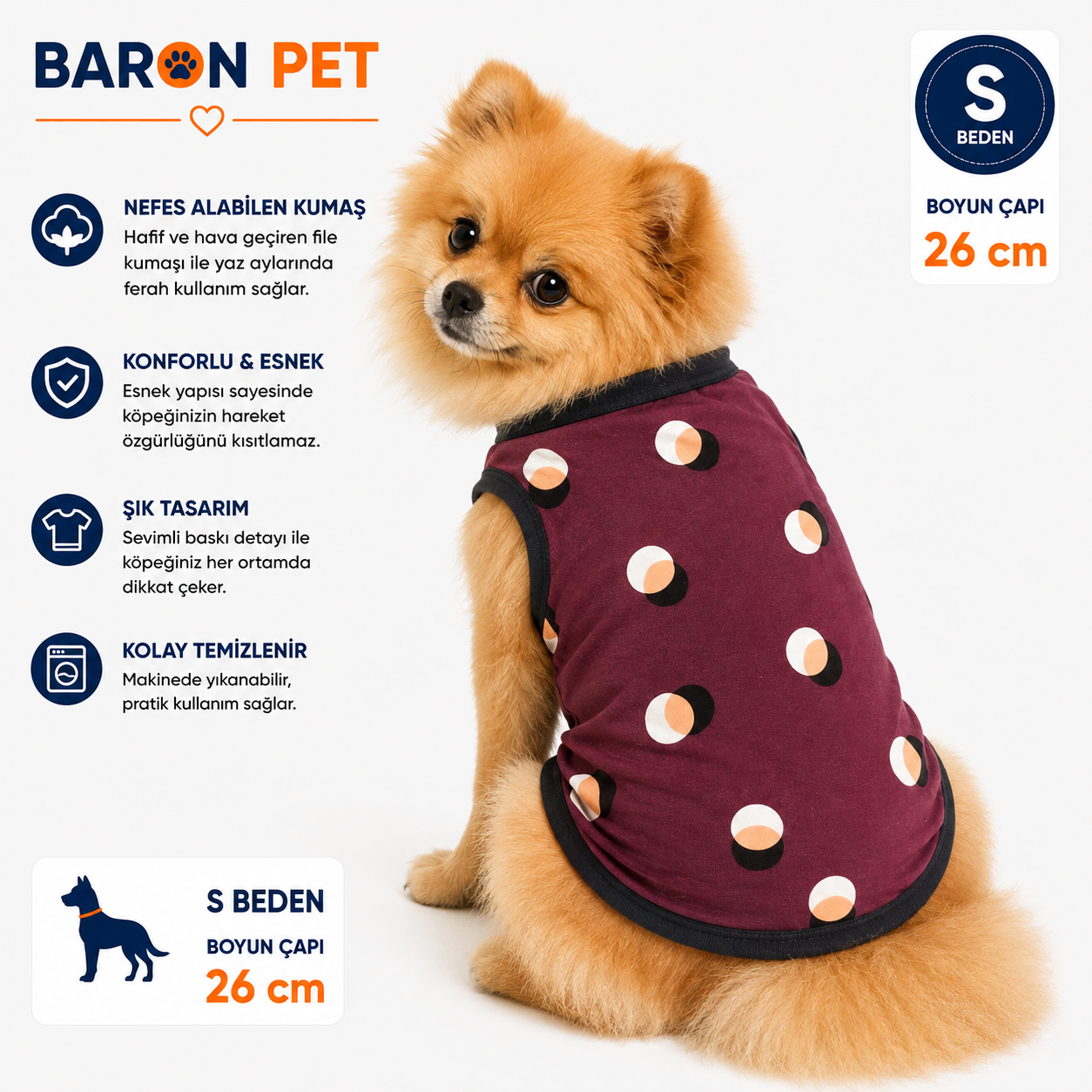 Köpek Tişörtü S Beden Boyun Çapı 26 cm Puantiye Desenli Kolsuz Atlet - Bordo